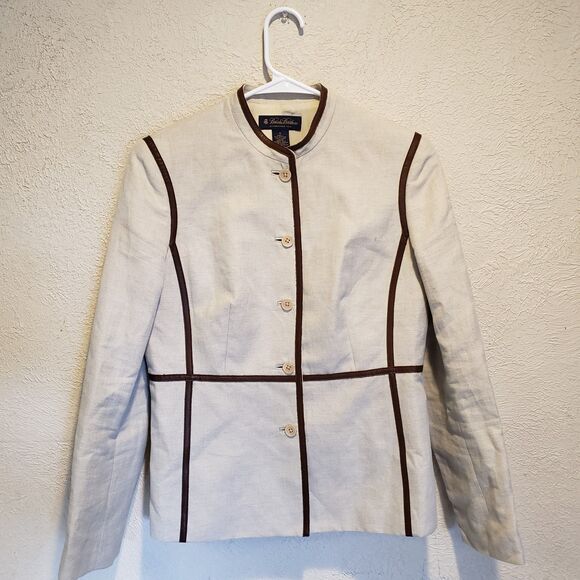 Brooks Brothers Mao Collar Tyrolean Jacket Piping Size 6 Beige Linen Blend - Picture 1 of 8